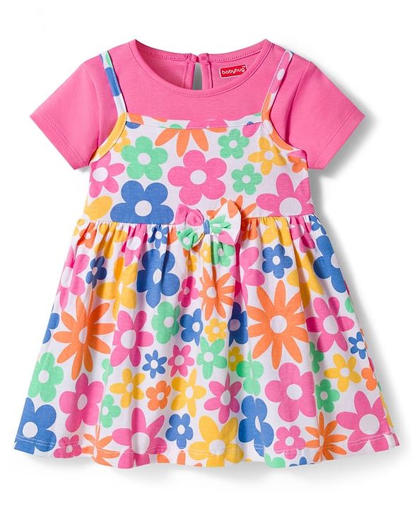 Babyhug 100% Cotton Knit Half Sleeves Floral Printed Frock With Inner Tee - Multicolour