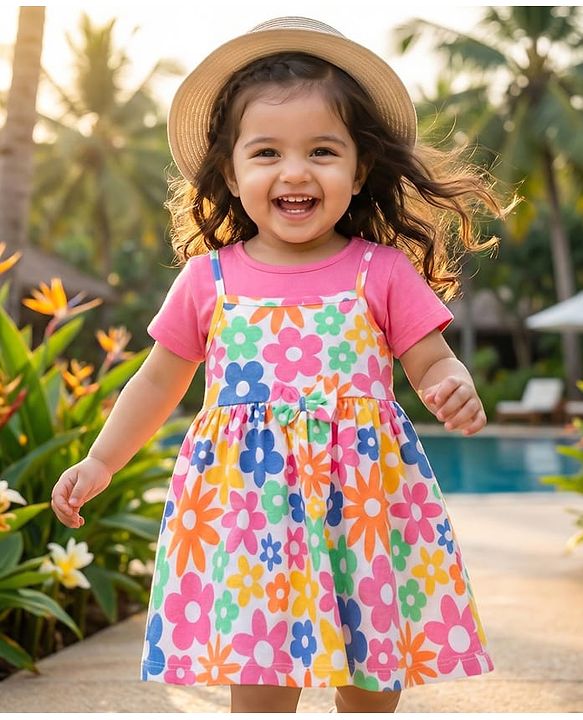 Babyhug 100% Cotton Knit Half Sleeves Floral Printed Frock With Inner Tee - Multicolour