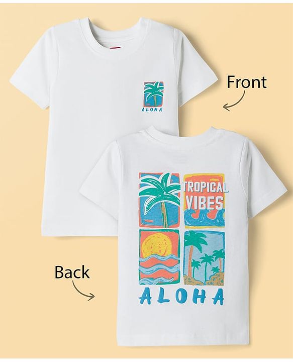Babyhug Cotton Knit Half Sleeves T-Shirt With Front & Back Tropical Theme Print - White