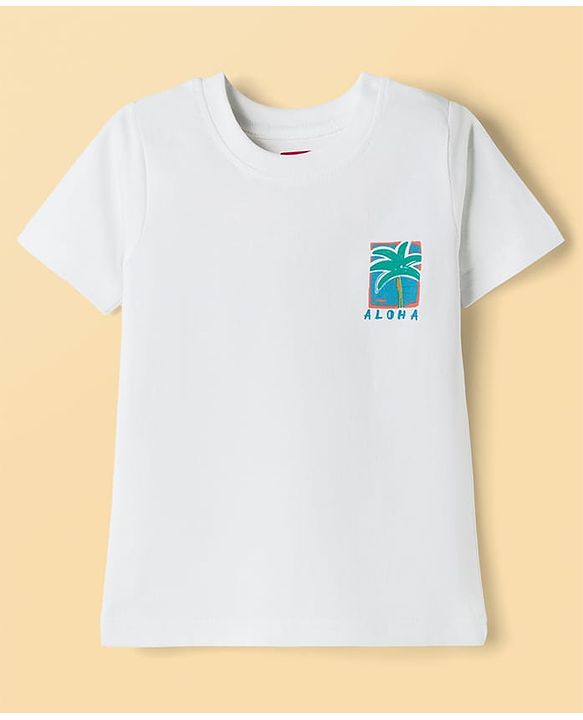 Babyhug Cotton Knit Half Sleeves T-Shirt With Front & Back Tropical Theme Print - White