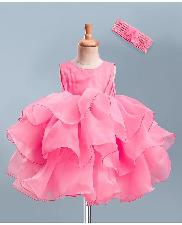 Babyhug Woven Sleeveless  Layered Glass Nylon Party Dress with Hairband - Light Pink