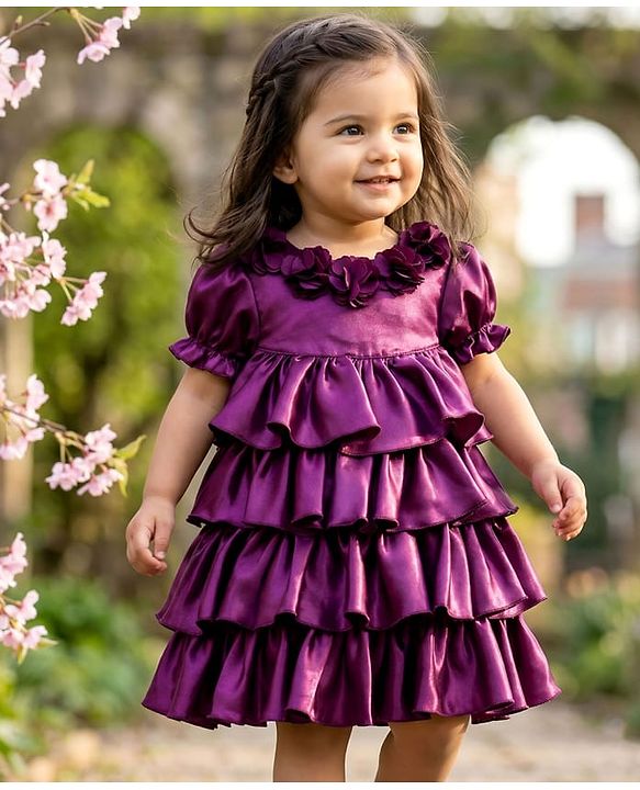 Babyhug Satin Woven Half Sleeves Party Dress With Floral Corsage - Violet
