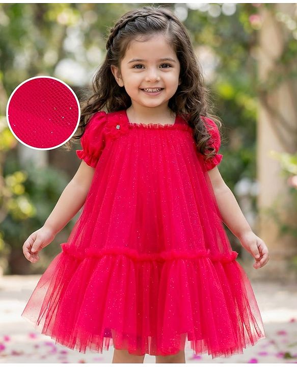 Babyhug Woven Half Puffed Sleeves Glittered A Line Tiered Mesh Party Dress with Floral Applique - Dark Pink