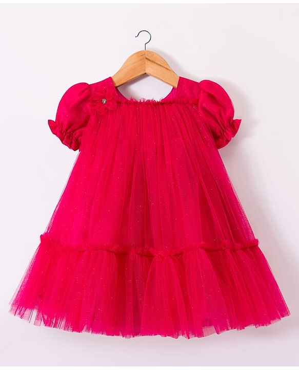 Babyhug Woven Half Puffed Sleeves Glittered A Line Tiered Mesh Party Dress with Floral Applique - Dark Pink