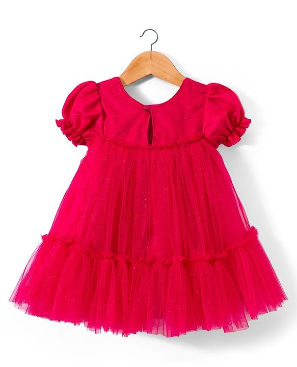 Babyhug Woven Half Puffed Sleeves Glittered A Line Tiered Mesh Party Dress with Floral Applique - Dark Pink