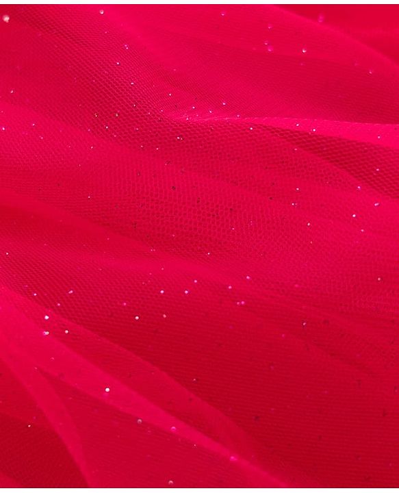 Babyhug Woven Half Puffed Sleeves Glittered A Line Tiered Mesh Party Dress with Floral Applique - Dark Pink