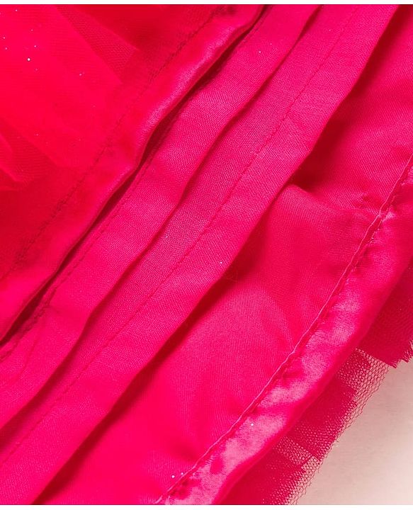 Babyhug Woven Half Puffed Sleeves Glittered A Line Tiered Mesh Party Dress with Floral Applique - Dark Pink