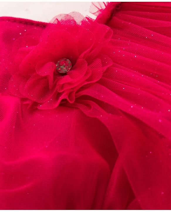 Babyhug Woven Half Puffed Sleeves Glittered A Line Tiered Mesh Party Dress with Floral Applique - Dark Pink