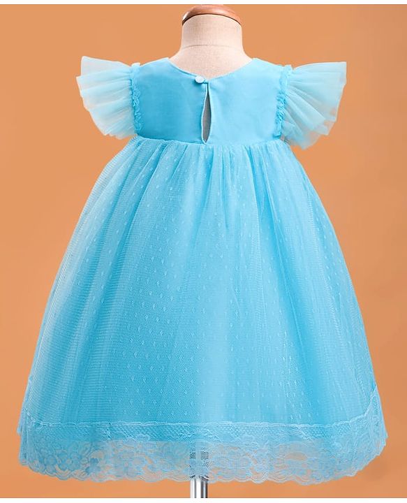 Babyhug Mesh Woven Frill Sleeves Party Dress With Floral Lace Detailing & Applique - Light Blue