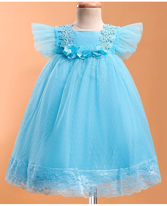 Babyhug Mesh Woven Frill Sleeves Party Dress With Floral Lace Detailing & Applique - Light Blue