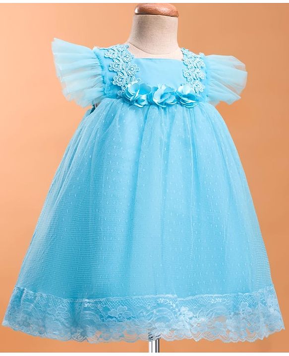 Babyhug Mesh Woven Frill Sleeves Party Dress With Floral Lace Detailing & Applique - Light Blue