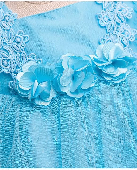 Babyhug Mesh Woven Frill Sleeves Party Dress With Floral Lace Detailing & Applique - Light Blue