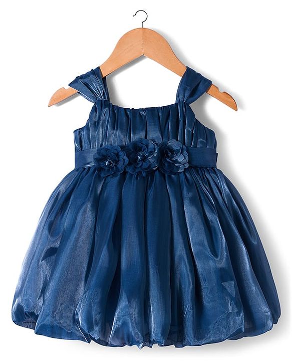 Babyhug Tissue Woven Sleeveless Party Dress With Floral Corsage & Pleated Yoke - Teal Blue