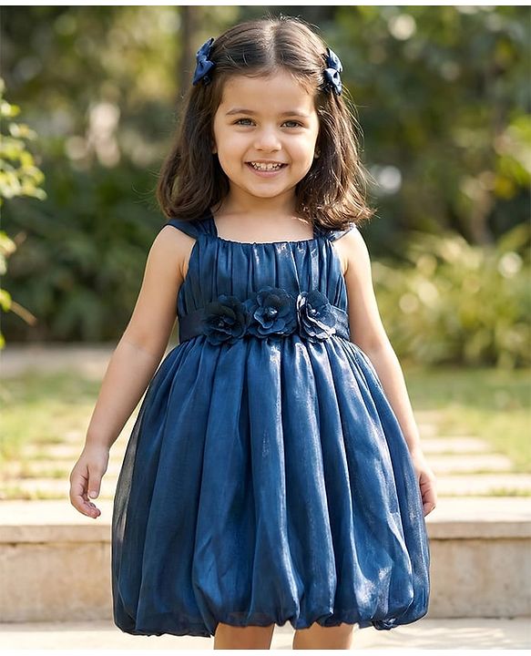 Babyhug Tissue Woven Sleeveless Party Dress With Floral Corsage & Pleated Yoke - Teal Blue