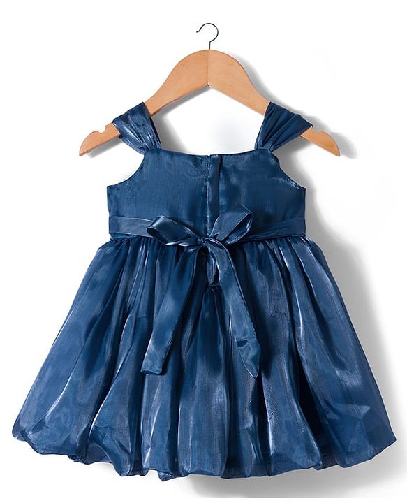 Babyhug Tissue Woven Sleeveless Party Dress With Floral Corsage & Pleated Yoke - Teal Blue