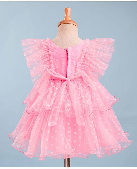 Babyhug Mesh Woven Frill Sleeves Party Dress With Heart Print & Bow Applique - Peach