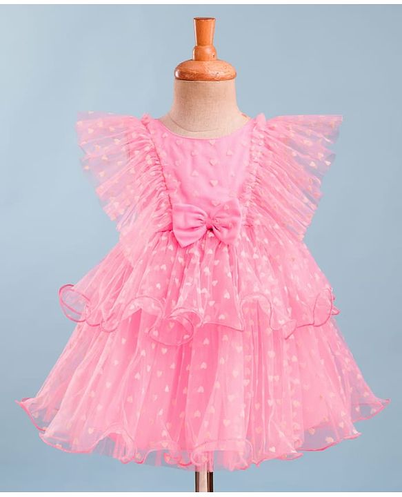 Babyhug Mesh Woven Frill Sleeves Party Dress With Heart Print & Bow Applique - Peach