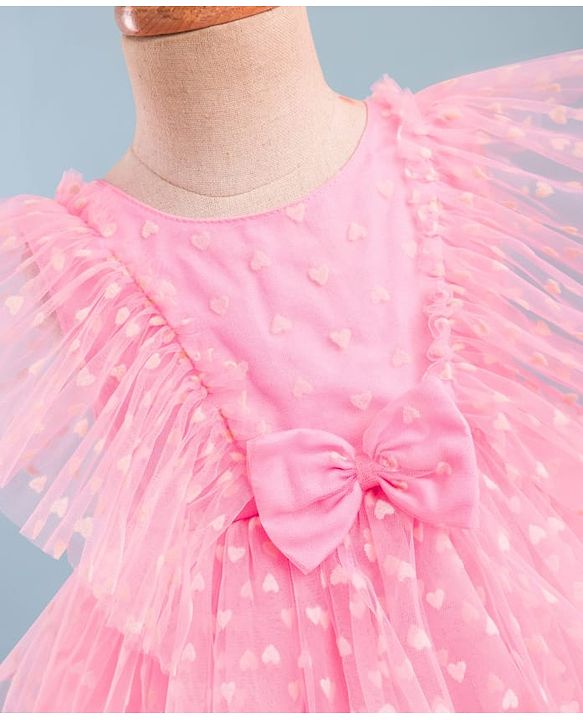 Babyhug Mesh Woven Frill Sleeves Party Dress With Heart Print & Bow Applique - Peach