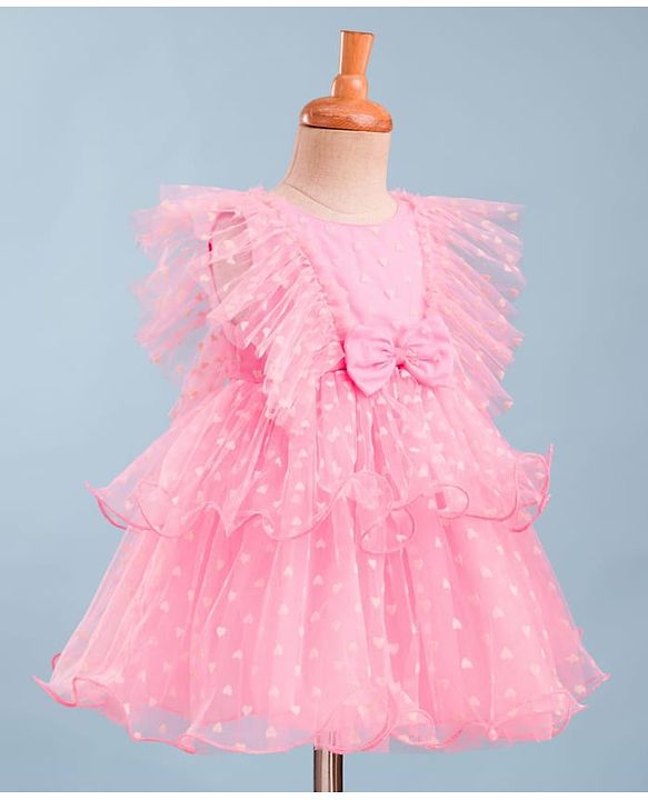 Babyhug Mesh Woven Frill Sleeves Party Dress With Heart Print & Bow Applique - Peach