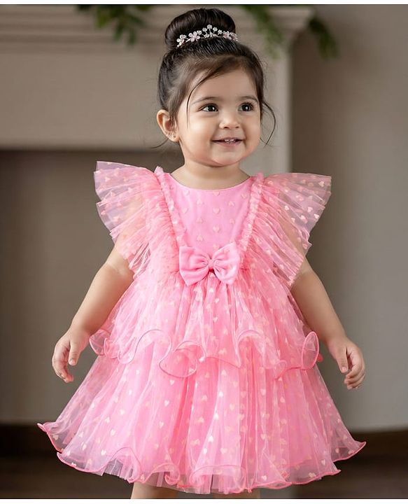 Babyhug Mesh Woven Frill Sleeves Party Dress With Heart Print & Bow Applique - Peach