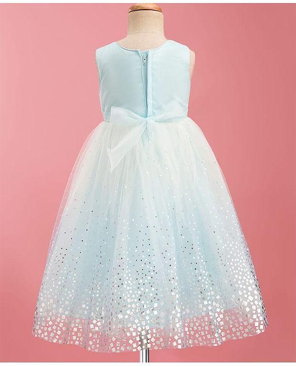 Babyhug Mesh Woven Sleeveless Foil Printed Party Gown With Sequin Detailing & Bow Applique - Light Blue
