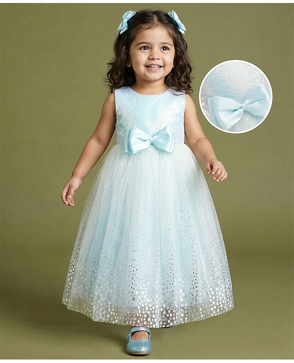 Babyhug Mesh Woven Sleeveless Foil Printed Party Gown With Sequin Detailing & Bow Applique - Light Blue