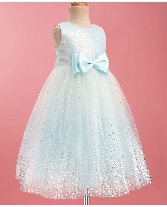 Babyhug Mesh Woven Sleeveless Foil Printed Party Gown With Sequin Detailing & Bow Applique - Light Blue
