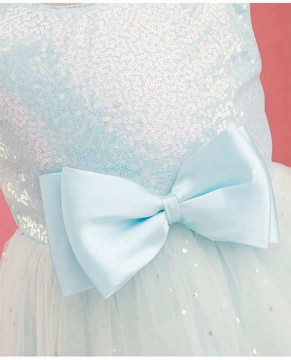 Babyhug Mesh Woven Sleeveless Foil Printed Party Gown With Sequin Detailing & Bow Applique - Light Blue
