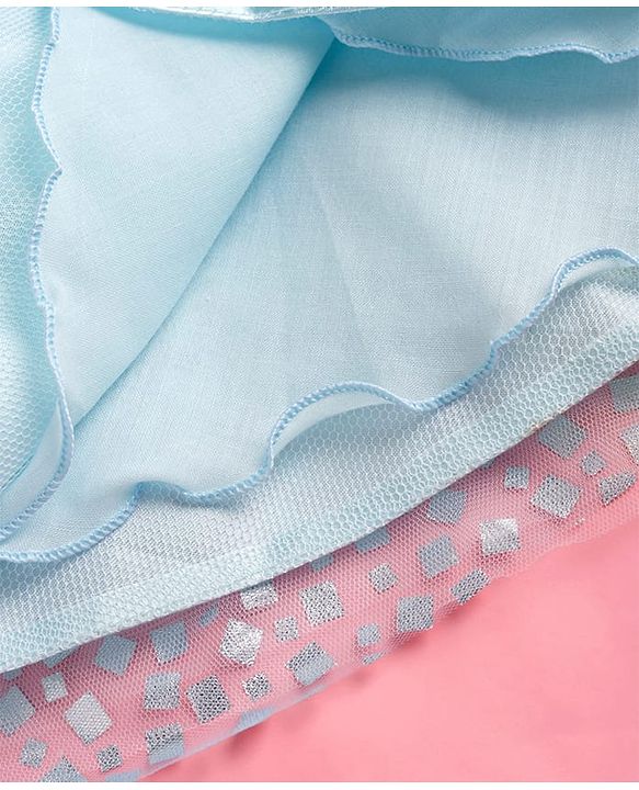 Babyhug Mesh Woven Sleeveless Foil Printed Party Gown With Sequin Detailing & Bow Applique - Light Blue