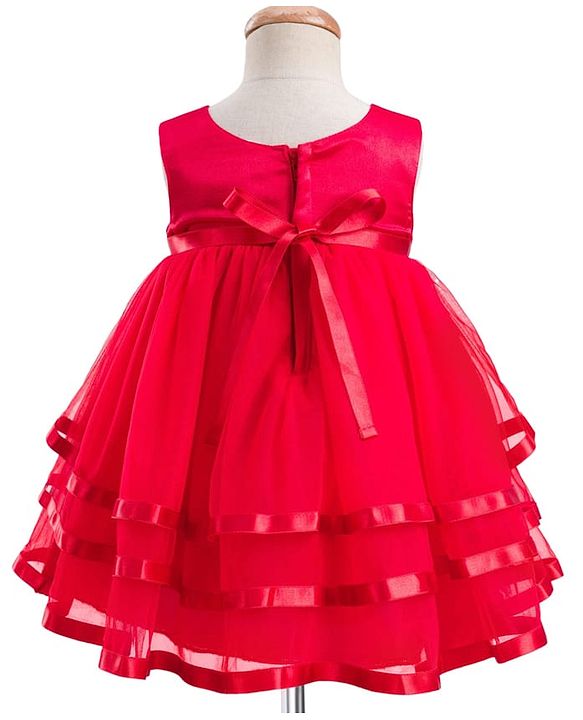 Babyhug Woven Sleeveless  Layered Mesh Party Dress with Bow & Cotton Lining - Red