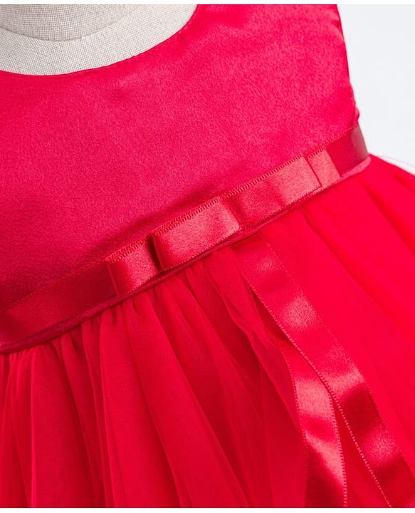 Babyhug Woven Sleeveless  Layered Mesh Party Dress with Bow & Cotton Lining - Red