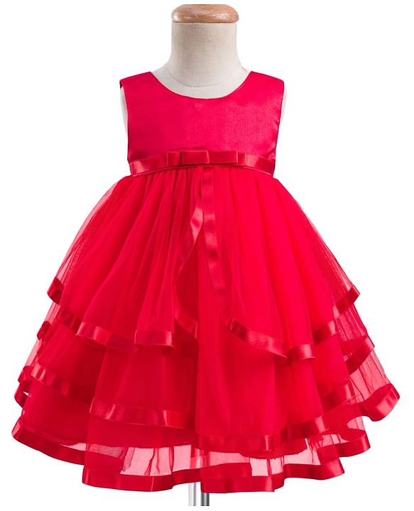 Babyhug Woven Sleeveless  Layered Mesh Party Dress with Bow & Cotton Lining - Red