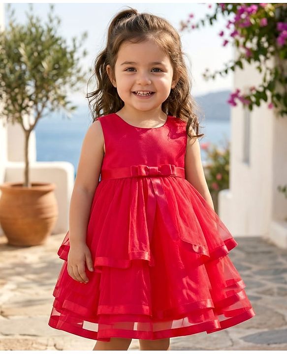 Babyhug Woven Sleeveless  Layered Mesh Party Dress with Bow & Cotton Lining - Red