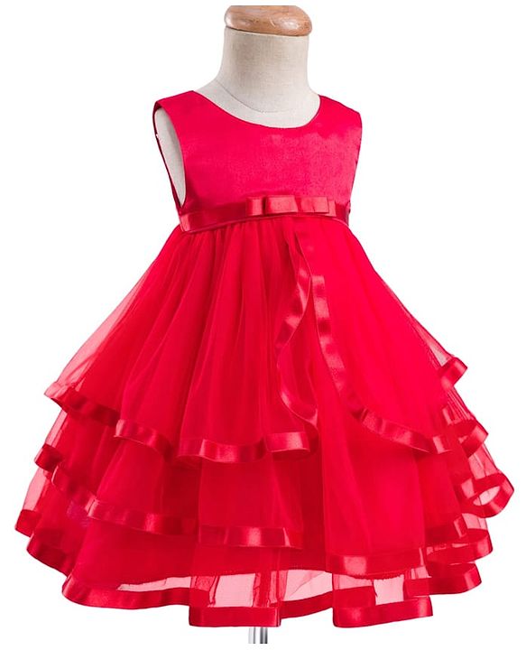 Babyhug Woven Sleeveless  Layered Mesh Party Dress with Bow & Cotton Lining - Red