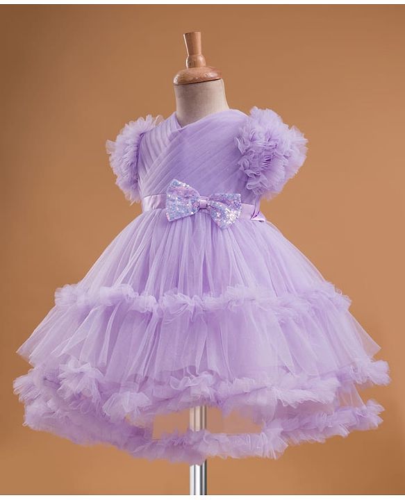 Babyhug Mesh Woven Half Frill Sleeves Layered Ruffle Party Dress with with Yoke Pleating & Sequined Bow Detailing - Lilac
