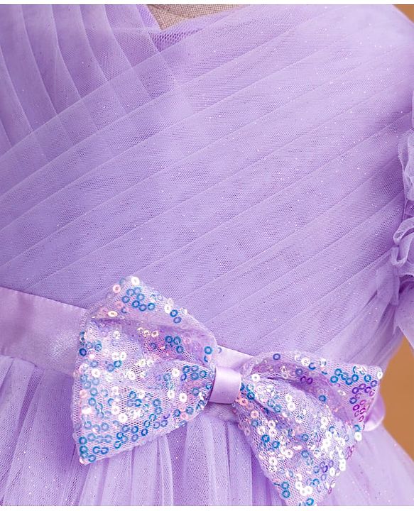 Babyhug Mesh Woven Half Frill Sleeves Layered Ruffle Party Dress with with Yoke Pleating & Sequined Bow Detailing - Lilac