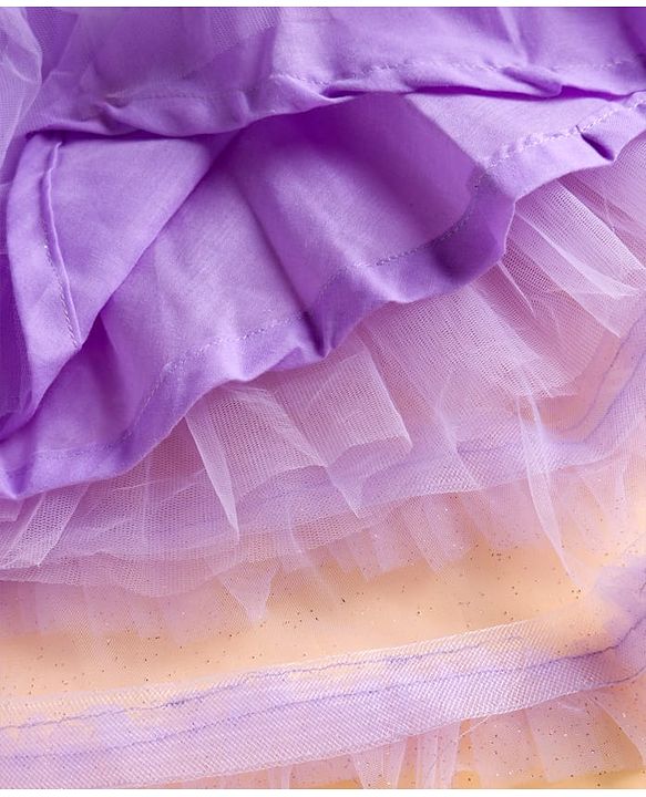 Babyhug Mesh Woven Half Frill Sleeves Layered Ruffle Party Dress with with Yoke Pleating & Sequined Bow Detailing - Lilac