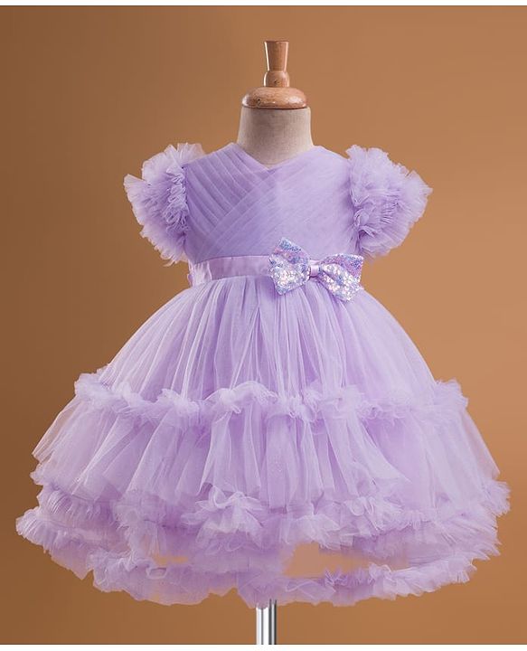 Babyhug Mesh Woven Half Frill Sleeves Layered Ruffle Party Dress with with Yoke Pleating & Sequined Bow Detailing - Lilac