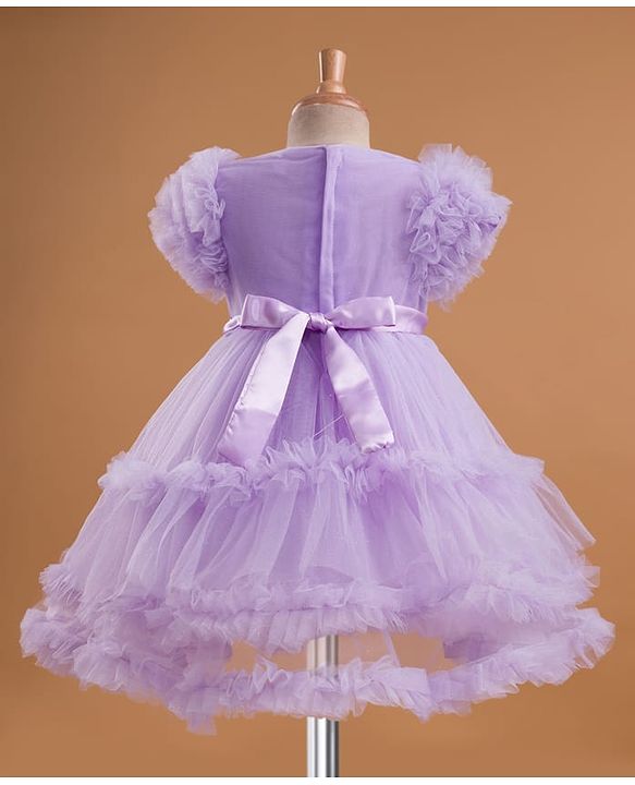 Babyhug Mesh Woven Half Frill Sleeves Layered Ruffle Party Dress with with Yoke Pleating & Sequined Bow Detailing - Lilac