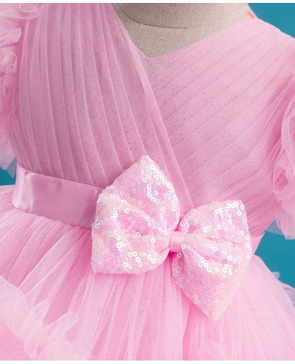 Babyhug Mesh Woven Half Frill Sleeves Layered Ruffle Party Dress with with Yoke Pleating & Sequined Bow Detailing - Lilac