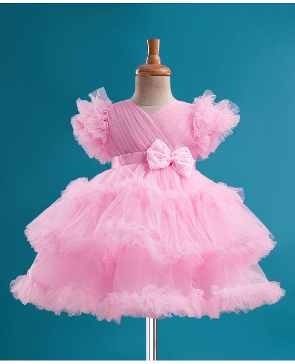 Babyhug Mesh Woven Half Frill Sleeves Layered Ruffle Party Dress with with Yoke Pleating & Sequined Bow Detailing - Lilac