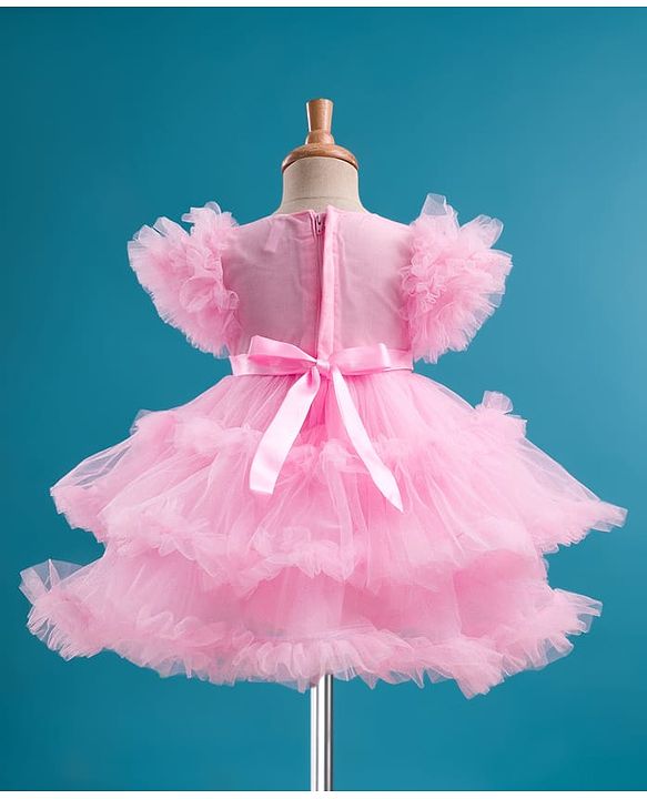 Babyhug Mesh Woven Half Frill Sleeves Layered Ruffle Party Dress with with Yoke Pleating & Sequined Bow Detailing - Lilac