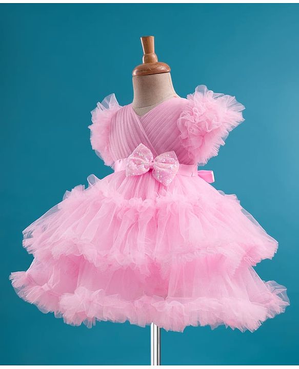 Babyhug Mesh Woven Half Frill Sleeves Layered Ruffle Party Dress with with Yoke Pleating & Sequined Bow Detailing - Lilac