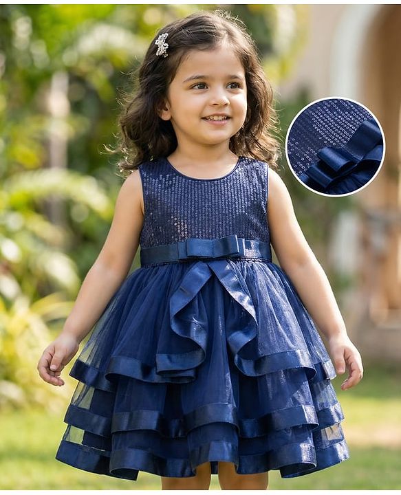 Babyhug Mesh Woven Sleeveless Party Dress With Lace Detailing & Sequinned Yoke - Navy Blue