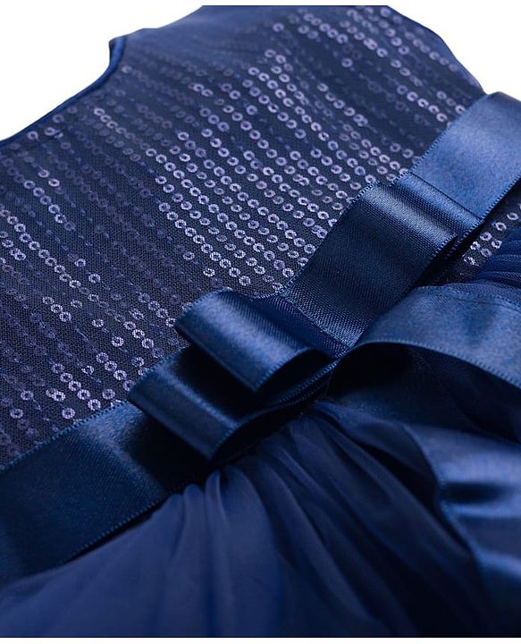 Babyhug Mesh Woven Sleeveless Party Dress With Lace Detailing & Sequinned Yoke - Navy Blue