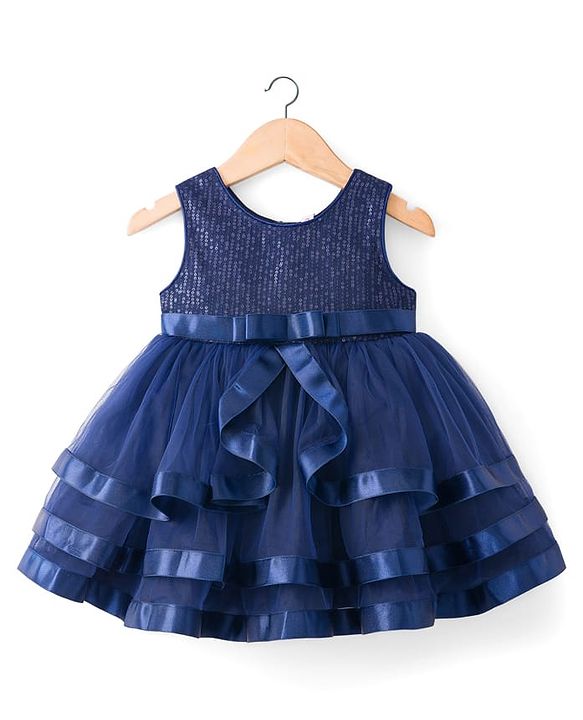 Babyhug Mesh Woven Sleeveless Party Dress With Lace Detailing & Sequinned Yoke - Navy Blue