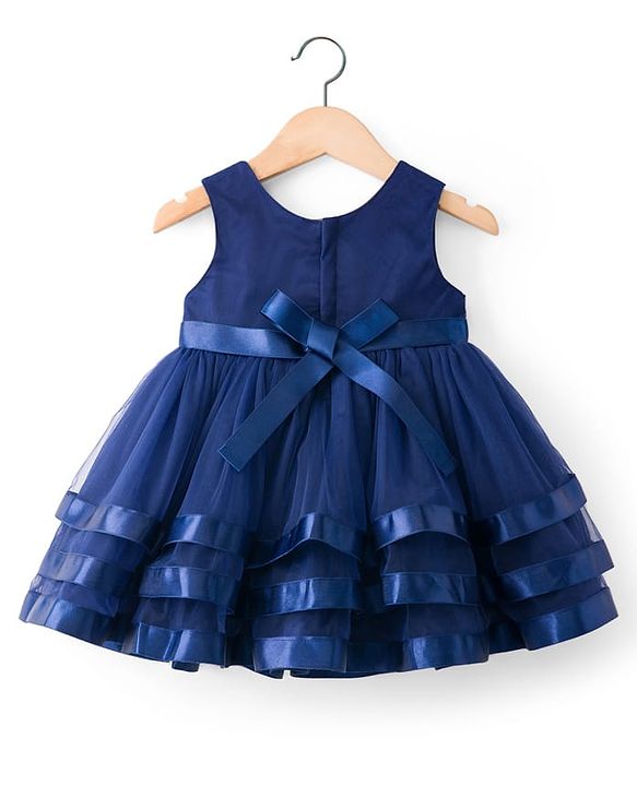 Babyhug Mesh Woven Sleeveless Party Dress With Lace Detailing & Sequinned Yoke - Navy Blue