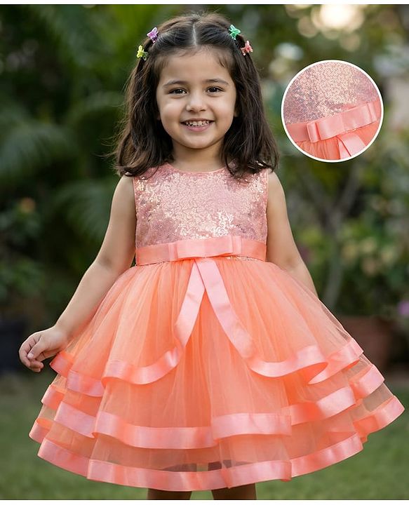 Babyhug Mesh Woven Sleeveless Party Dress With Lace Detailing & Sequinned Yoke - Navy Blue