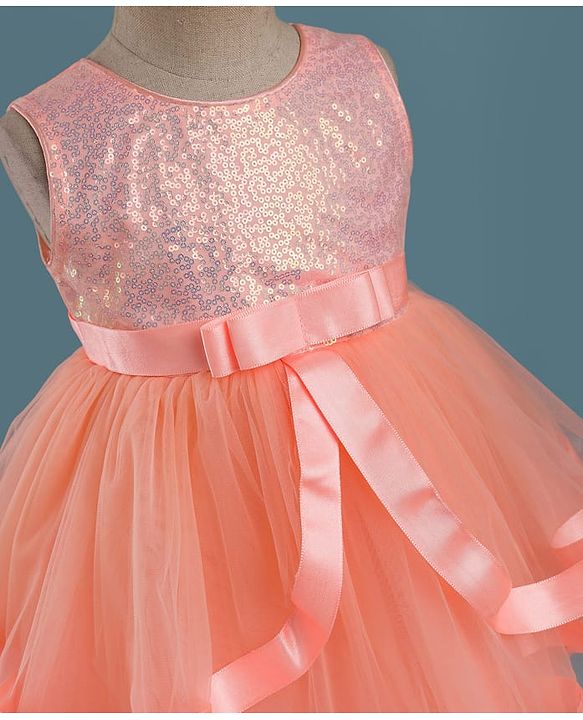 Babyhug Mesh Woven Sleeveless Party Dress With Lace Detailing & Sequinned Yoke - Navy Blue