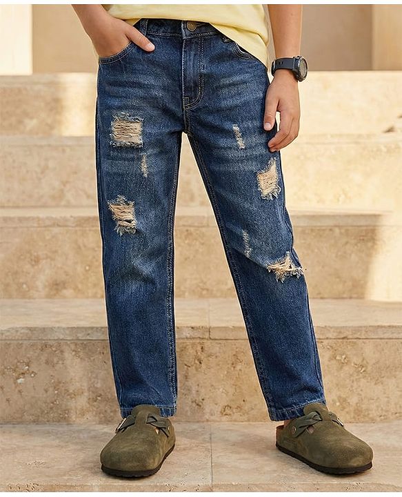 Pine Kids Woven Full Length Distressed Denim Jeans - Dark Blue